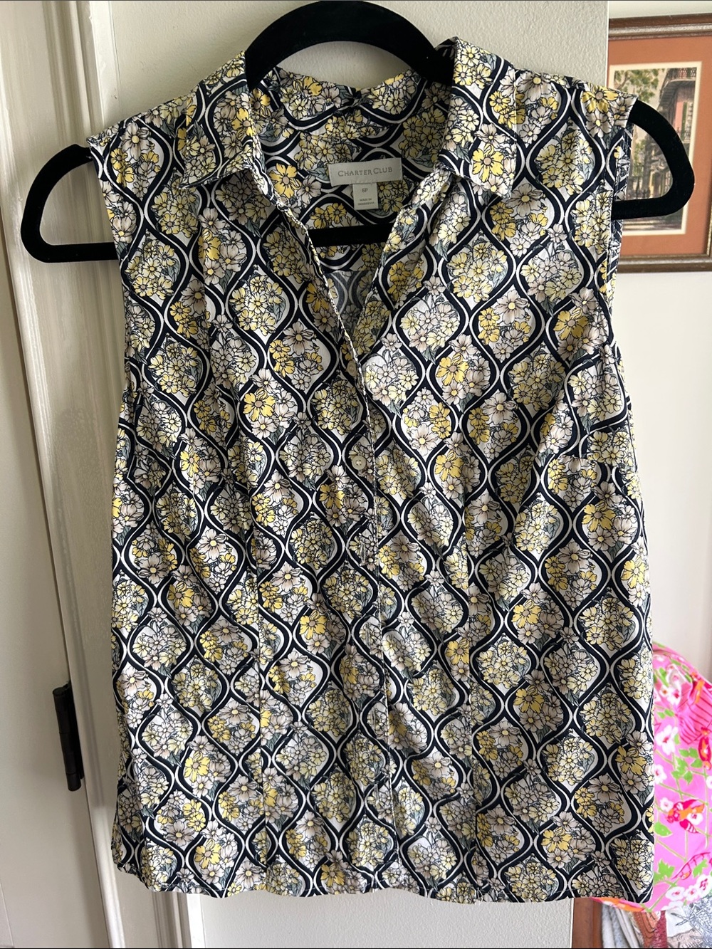 Charter Club Navy Floral Sleeveless Button-Front Shell